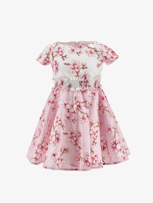 Kwiatowa sukienka z krótkimi rękawami, biała góra z różowymi kwiatami i różowa spódnica z wzorami kwiatowymi; elastyczna marszczona talia.