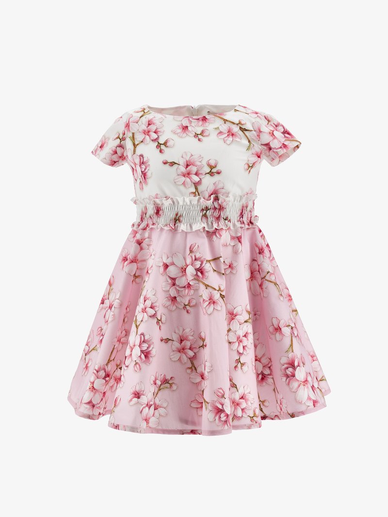 Λουλουδάτο φόρεμα με κοντά μανίκια, λευκό κορμό με ροζ άνθη και ροζ φούστα με λουλουδάτα σχέδια; ελαστική μέση με σούρες.