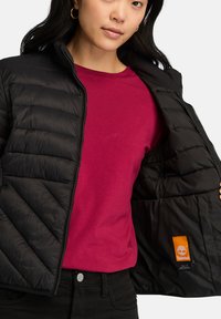 Giacca a vento nera con texture trapuntata e chiusura con zip, indossata sopra una maglietta bordeaux. All'interno presenta un'etichetta arancione di Timberland.