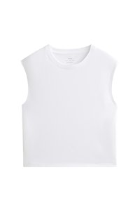 White sleeveless top made of cotton, featuring a round neckline and a loose, minimalist design with clean edges. No embellishments.