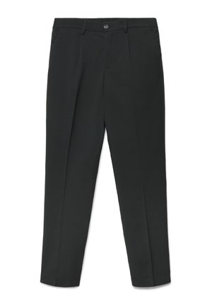 Schwarze formelle Hose mit geradem Schnitt, Gürtelschlaufen, Vorderknopf und Seitentaschen, vor weißem Hintergrund dargestellt.