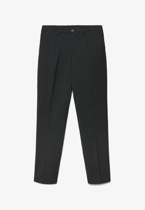 Pantalon formel noir à coupe droite, passants pour ceinture, bouton avant et poches latérales, présenté sur fond blanc.