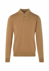 Langarm-Polo in einem sandfarbenen Farbton, aus glattem Stoff gefertigt. Verfügt über einen klassischen Kragen, eine Drei-Knopf-Leiste sowie gerippte Bündchen und einen Saum.