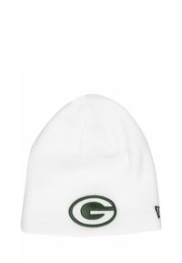 Weißer Strickbeanie mit grünem gesticktem "G"-Logo auf der Vorderseite. Weicher Stoff, runde Krone und enganliegendes Design.