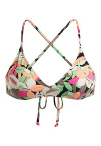Bikini zgornji del s cvetličnim vzorcem v rožnati, zeleni in črni barvi. Ima nastavljive križne naramnice in zavezo na hrbtni strani za prileganje.