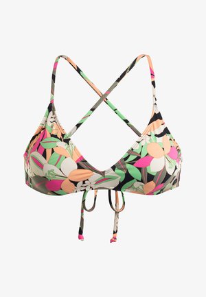 Haut de bikini avec un motif floral rose, vert et noir. Dispose de bretelles croisées réglables et d'un lien à l'arrière pour un ajustement.