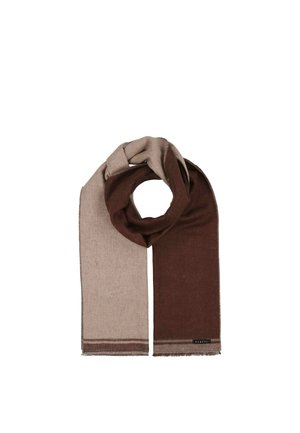 Sciarpa in tessuto morbido con ampie bande verticali di colore beige e marrone, con piccoli bordi sfrangiati e un'etichetta nera sul lato marrone.