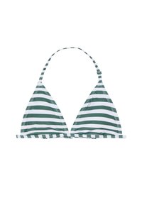 Zeleni i bijeli prugasti bikini top u obliku trokuta, s tankim trakama i kopčanjem. Glatka tekstura, klasičan dizajn, prikladan za kupanje.