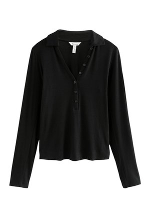 Maglione a maniche lunghe nero con texture a coste, colletto e patta con cinque bottoni, caratterizzato da una vestibilità relax e un orlo dritto.