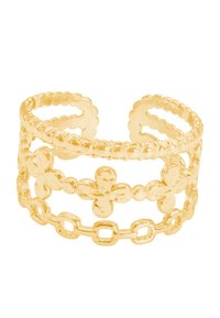 Anello a bracciale in oro con un design decorativo di fiori e anelli, con una finitura liscia e lucida e bordi perlacei per una texture raffinata.