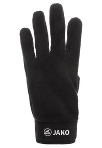 Zwarte fleece handschoen met een snug fit. Beschikt over een gestructureerd oppervlak, licht gebogen vingers en een manchet met een wit "JAKO" logo.