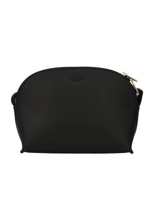 Pochette en cuir noir avec dessus arrondi, fermeture éclair dorée et petit logo embossé centré près du sommet.