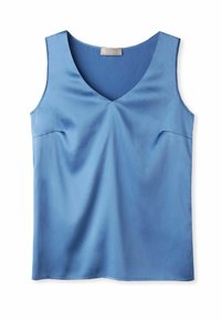 Top sin mangas de satén azul con un escote en forma de V, textura suave y sutiles pinzas de ajuste en el busto para un ajuste relajado.