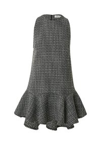 Schwarzes und weißes Tweedkleid mit ausgestelltem Saum, ärmellosem Design und einem Reißverschluss auf der Rückseite. Strukturiert mit einer subtilen gewebten Musterung.