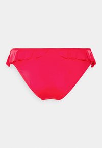 Parte de baixo de biquíni rosa com detalhes em babados ao longo da cintura. Feita de um tecido liso e elástico para conforto e ajuste.