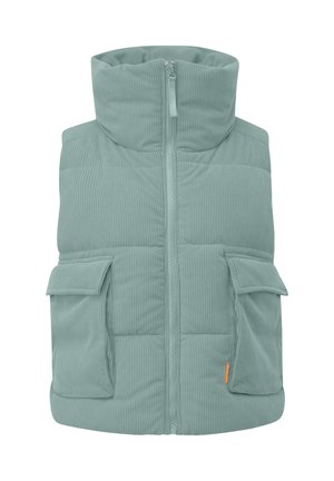 Vahe ereda rohelise värvi polsterdatud korduroy vest kõrge kraega, esirikkiga ja kahe klapiga taskuga esikülgedel.