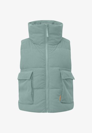 Hele roheline patjadega kangast vest kõrge kaelusega, esiseibi lukuga ja kahe klapiga taskuga esikülgedel.