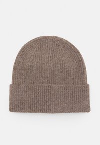 Brown knit beanie hat with a ribbed texture and a folded cuff. Made of soft material, featuring a rounded crown and seamless design.