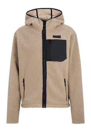 Beige Fleecejacke mit einer schwarzen Reißverschlusstasche auf der Brust, schwarzen Reißverschlüssen und einer Kapuze. Verfügt über eine weiche Textur und gerippte Kanten.