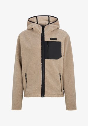 Beige Fleecejacke mit einer schwarzen Reißverschlusstasche auf der Brust, schwarzen Reißverschlüssen und einer Kapuze. Verfügt über eine weiche Textur und gerippte Kanten.