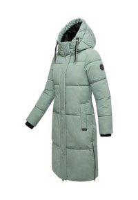 Lång, mintgrön pufferjacka med huva, utrustad med dragkedja fram, elastiska ärmmuddar, sidoficka och kviltad textur.