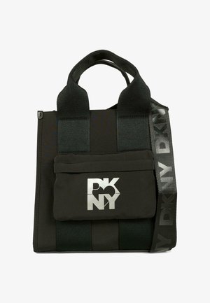 Borsa tote nera realizzata in tessuto texturizzato, con manici doppi, una tasca frontale e una tracolla removibile con stampa del logo.