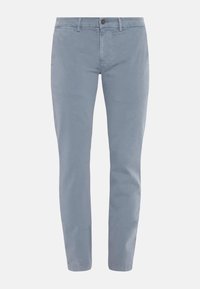 Lichtblauwe chinos van katoen. Beschikt over een knoopsluiting, zijzakken en een slim fit ontwerp. Soepele textuur, zonder patronen of accenten.