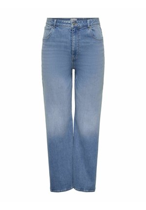 Vaaleansiniset farkut suoran lahkeen muotoilulla, jossa on viisi taskua, nappi- ja vetoketjukiinnitys sekä haalistunut pesu polvien kohdalla.