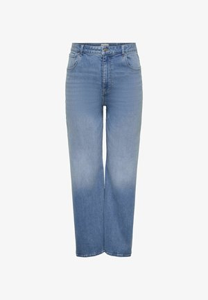 Vaaleansiniset farkut suoran lahkeen muotoilulla, jossa on viisi taskua, nappi- ja vetoketjukiinnitys sekä haalistunut pesu polvien kohdalla.