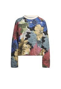 Sweat Adidas à manches longues avec un grand imprimé floral multicolore en bleu, jaune, rouge, vert et noir sur fond clair.