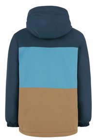 Hooded jacka i marinblått, ljusblått och brunt. Har elastiska manschetter och en slät yta. Enkel färgblockerat design.