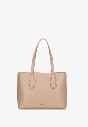 Beige leren schoudertas met dubbele handvatten, voorzien van lusvormige stiksels en een gouden logo-accent aan de voorkant. Gladde textuur.