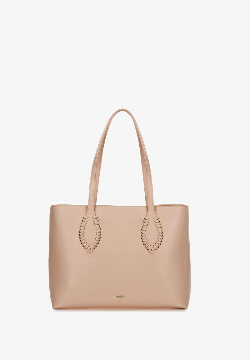 Borsa tote in pelle beige con doppie maniglie superiori, caratterizzata da dettagli di cucitura a cerchio e un accento in oro con il logo sulla parte frontale. Texture liscia.