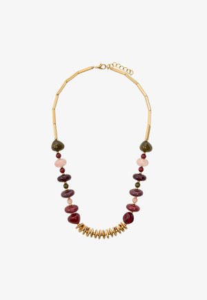 Naszyjnik z koralików z kolorowymi szklanymi koralikami i akcentami z metalu w kolorze złotym; różnorodne kształty, w tym okrągłe, owalne i tubalne elementy.