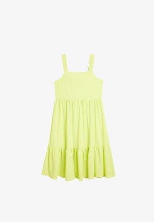 Sateen vihreä kesämekko, jossa on paksut hihnat, teksturoitu kangas, istuva yläosa ja levenevä, kerrostettu helma. Sujuva pinta, keskipitkä malli.