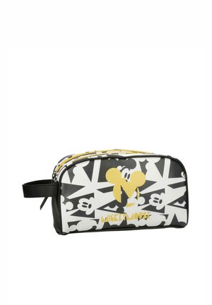Bolsa de aseo en blanco y negro con silueta amarilla de Mickey Mouse, patrones de manos de dibujos animados, doble cremallera y asa lateral negra.