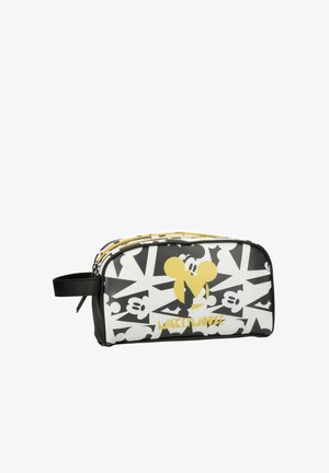 Bolsa de aseo en blanco y negro con silueta amarilla de Mickey Mouse, patrones de manos de dibujos animados, doble cremallera y asa lateral negra.