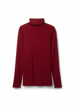 Bordeauxfarbene Rollkragenbluse mit langen Ärmeln. Weiches, dehnbares Material mit einem taillierten Design und hohem Kragen. Der Saum ist gerade und ohne Verzierungen.