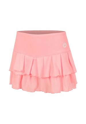 Falda deportiva rosa con volantes en capas y un pequeño logo blanco en la cinturilla, diseñada para ropa activa.