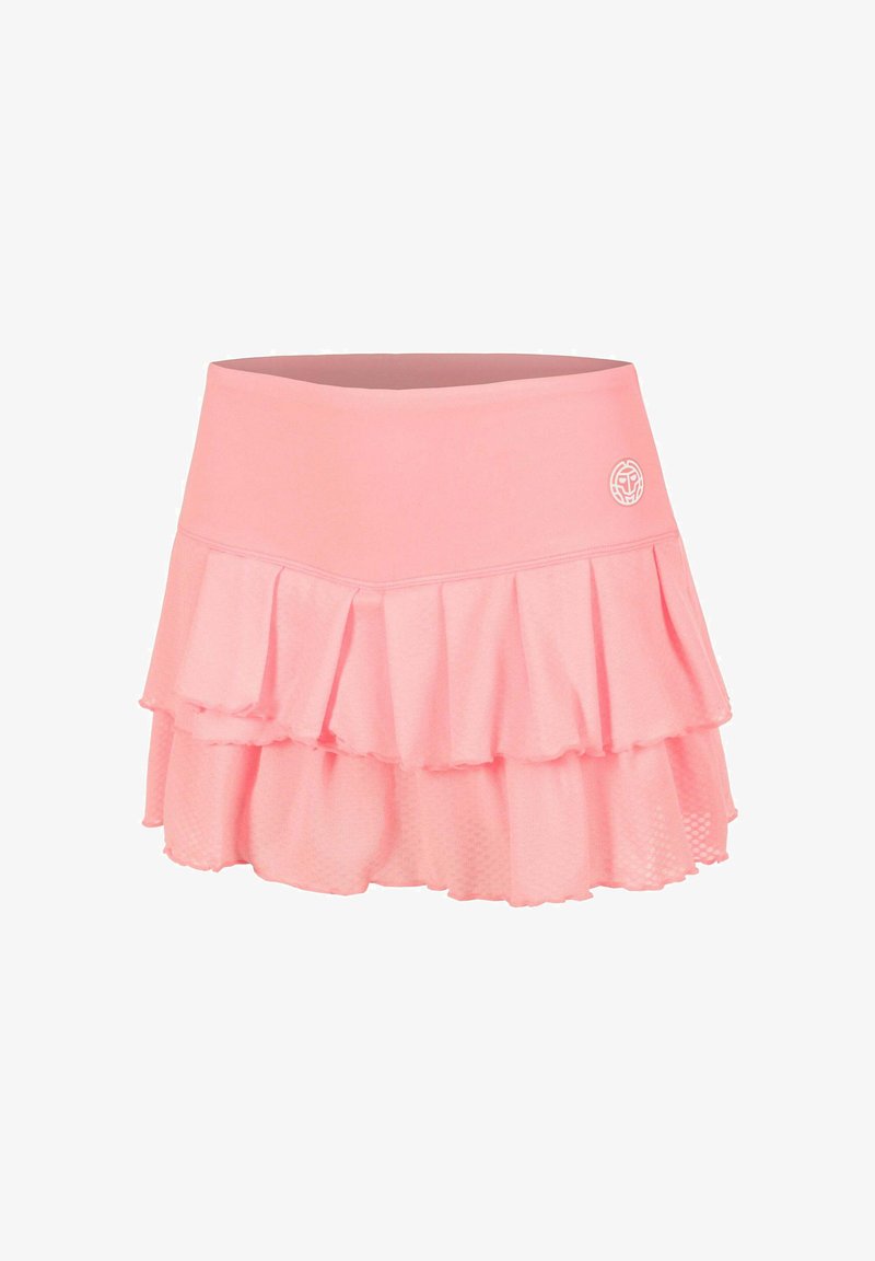 Roze sportrok met gelaagde ruches en een klein wit logo op de tailleband, ontworpen voor actieve kleding.