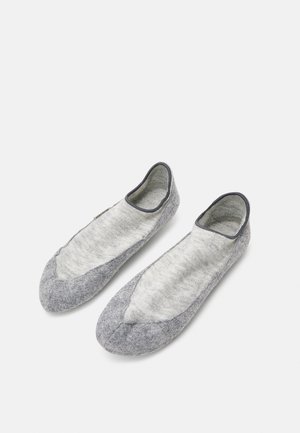 Grey wool blend boat socks with a light grey striped section and dark grey trim. Flat design, no visible hardware or patterns.