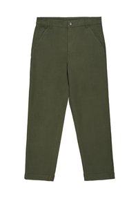 Grüne Baumwollhose mit geradem Schnitt, ausgestattet mit Reißverschluss, Knopfverschluss und seitlichen Taschen. Glatte Textur mit minimal sichtbaren Nähten.