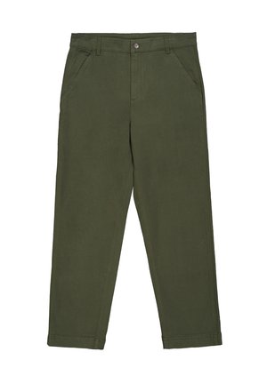 Pantalones de algodón verde con corte recto, que presentan un cierre de cremallera, botón y bolsillos laterales. Textura suave con costuras mínimas visibles.