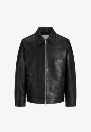 Čierna kožená bunda s predným zipsom, špicatým golierom, dlhými rukávmi a bočnými vreckami.