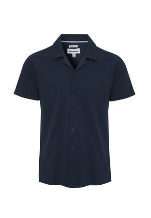 Marineblaues Kurzarm-Hemd mit Kragen aus glattem Stoff, mit durchgehender Knopfleiste, lockerer Passform und leichtem Design.