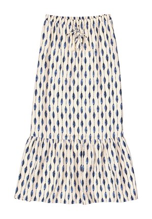 Een crèmekleurige rok met een uitlopende onderkant en een elastische tailleband, versierd met een blauw-zwart druppelpatroon.