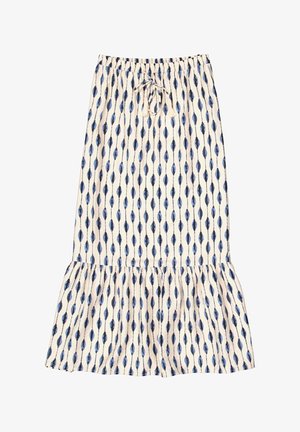 Ein cremefarbener Rock mit ausgestelltem Saum und elastischem Bund, der ein blaues und schwarzes Tränenmuster aufweist.