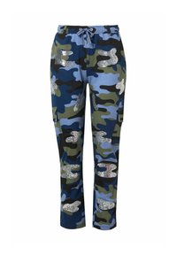 Camo-muster Jogginghosen in Blau, Grün und Schwarz. Mit silbernen Akzenten im Muster, elastischem Taillenbund mit Kordelzug und Seitentaschen.