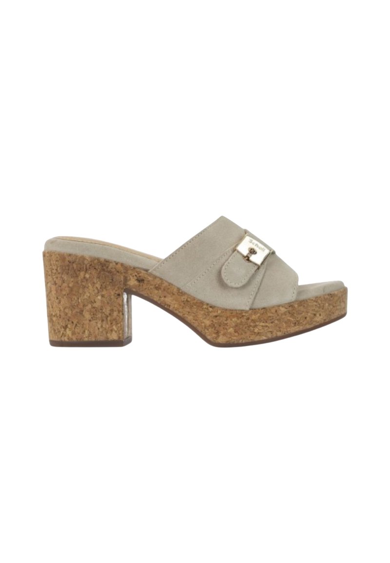Sandalo slide a tacco quadrato in suede grigio con una piattaforma in sughero, caratterizzato da un accento in metallo dorato sulla fascia superiore.