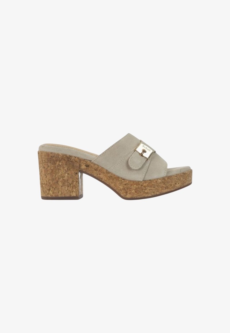 Sandalo slide a tacco quadrato in suede grigio con una piattaforma in sughero, caratterizzato da un accento in metallo dorato sulla fascia superiore.